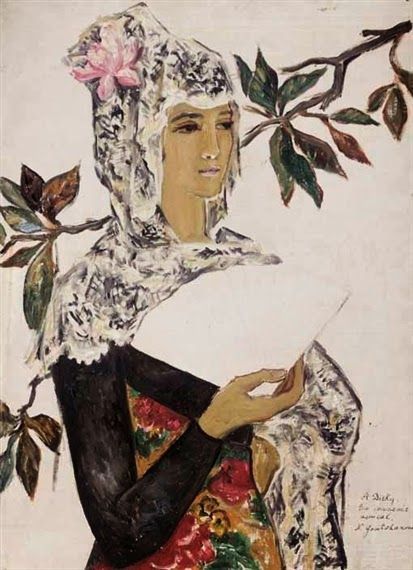 womeninarthistory:  Woman with Pink Magnolia, Natalia Goncharova