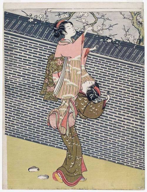 a-la-belle-e-toile:Suzuki Harunobu (Japanese, 1725-1770) - Women Picking Plum Blossoms at a Wall, 1766-67, woodblock print (nishiki-e), ink and color on paper,  25.5 x 17.8 cm, Museum of Fine Arts, Boston, USA