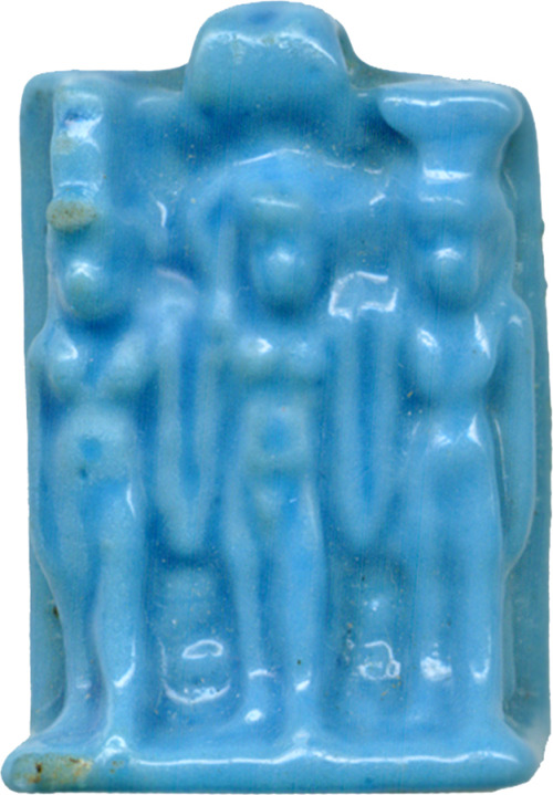 Ancient Egyptian faience amulet depicting the deities Isis, Horus, and Nephthys.  Artist unknow