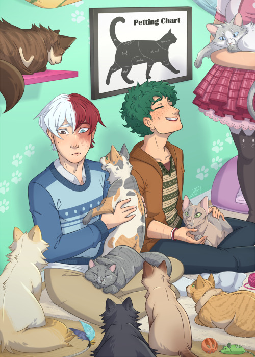 My piece for the lovely @bnhacatcafeThe main idea is that cats love Todoroki for some reason <3 T
