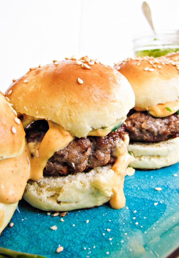 fattributes:  Thai Pork Sliders with Pickled Cucumbers and Sriracha Aioli