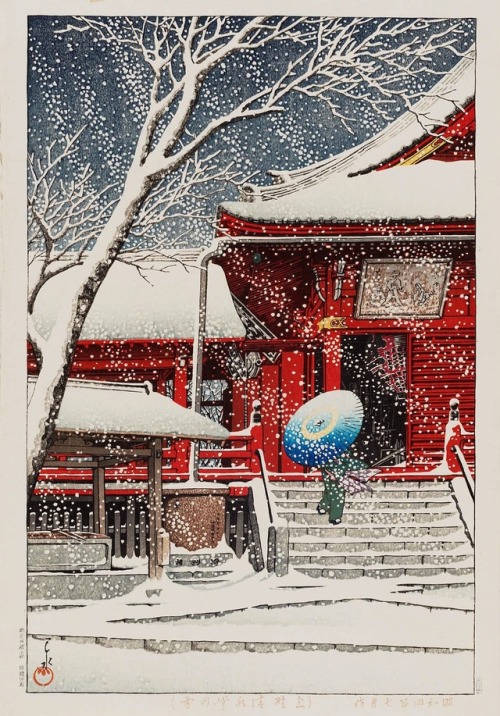 chiefly-art:Hasui Kawase, Snow at Kiyomizu Hall, Ueno, 1929
