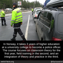 mindblowingfactz:  In Norway, it takes 3 years of higher education at a university college to become a police officer. The course focuses on classroom theory for the first year, field training in the second, and an integration of theory and practice in