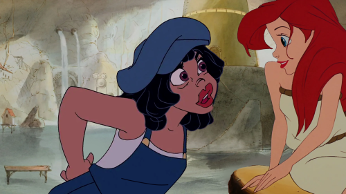 A digitally composited image of Ariel and Audrey Ramirez, created using Disney screencaps. Ariel, dressed in a sail tied with a rope, is sitting on a rock, smiling at Audrey. Audrey is leaning towards Ariel, enthralled.