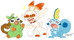 pixelyteart:  The Gangs All HereDrew some good old pokemon starters With a bonus Screaming Grookey