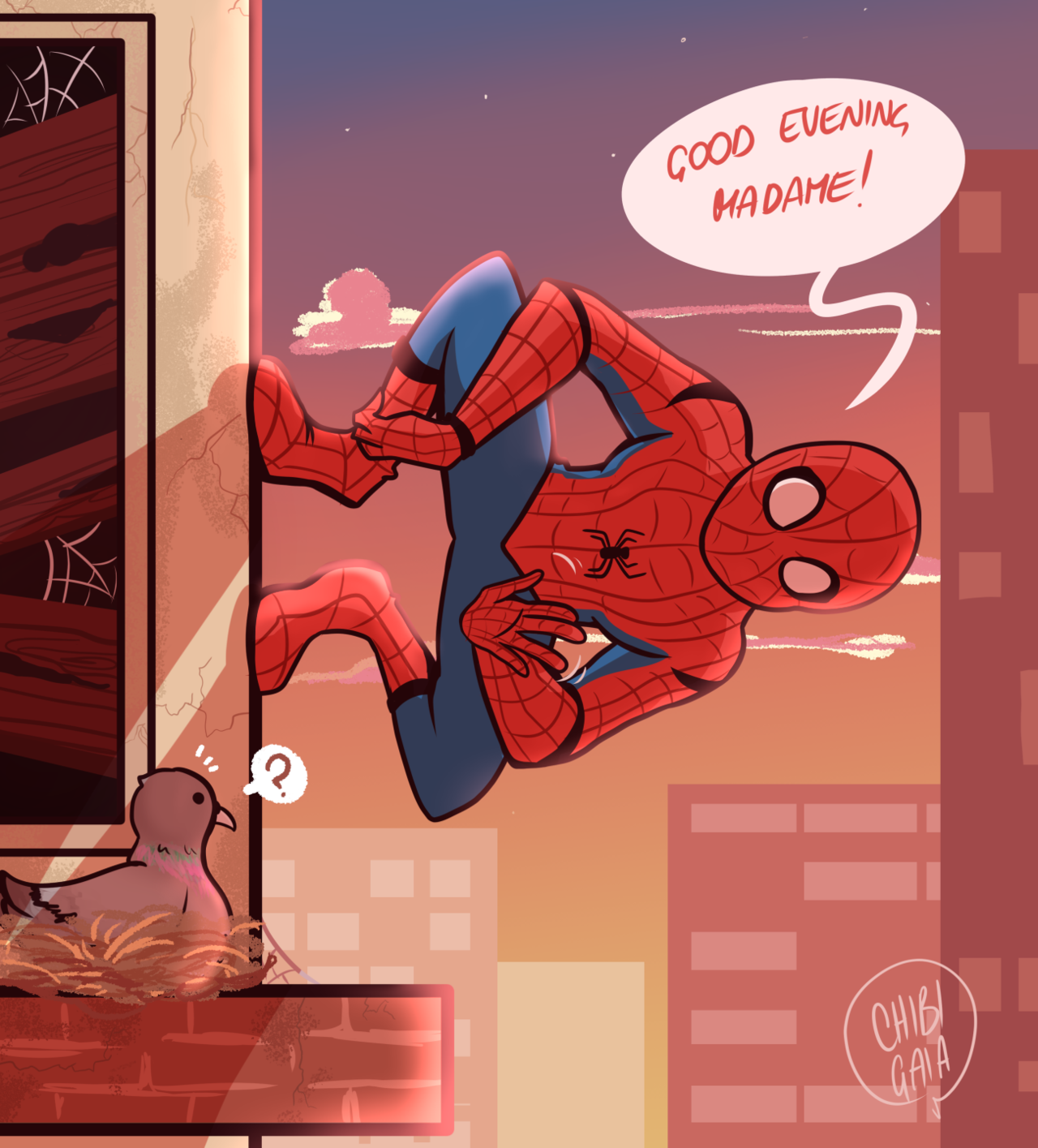 chibigaia-art: you can’t tell me Peter Parker wouldn’t wave at every pigeon he