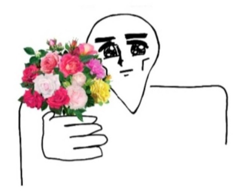 [ID: MS paint art of someone looking at the viewer, holding a bouquet of flowers that has been edited in from a photograph. They have an exaggerated pointy chin and broad square shoulders, strong cheekbones and eyebrows, and eyes with large sparkly pupils. End ID]