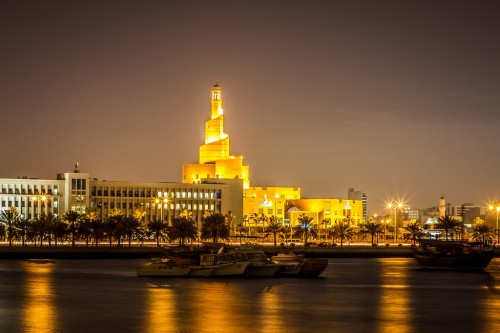 Lit Up Spiral Minaret of the Qatar Islamic Cultural Center in Doha, Qatar