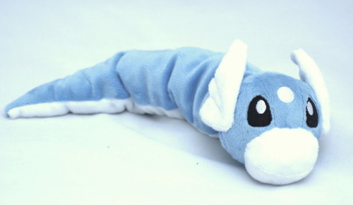 Laying Dratini plush, made as a prototype of sorts (I hope to make a couple more for conventions). T