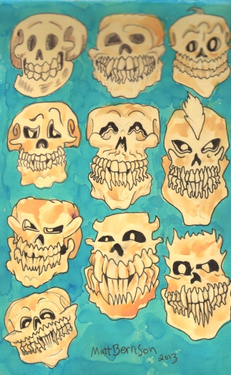 Skulls, skulls!  And MORE skulls!   Yeah, this was what I was doing covertly while the whole “inktober” thing went down. Ink and/or watercolor on paper, 5"x8", Matt Bernson 2013