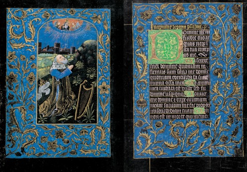 This Book of Hours, referred to as the Black Hours, is one of a small  handful of manuscripts written and illuminated on vellum that is stained  or painted black. The result is quite arresting. The solid black background is utilized to great advantage,