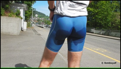 Porn Pics femboydl:  pee break in shiny spandex shorts