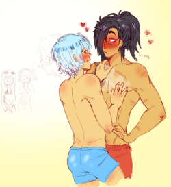 nohomoujaku:  i had to draw„ this„, nothin like discreet nip pinchin to remind ur bf who he belongs to also i really like the idea of aoba tanning/freckling really easily and his hair getting lighter during the summer and HHHHH„, also even tanNER