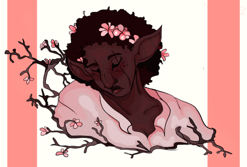 Namesake’s flora[Id: Digital drawing of Sofia Oot, a dark skinned half elf with cherry blossoms on h