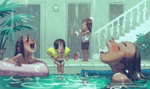 DAY 4 : « Rain »Best moment to have a bath in the swimming pool :) ! #childhoodweek #rain #swimmingp