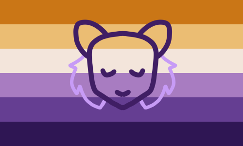 a flag with six horizontal stripes, in the following colors: orange-ish yellow, light yellow, white, lavender, purple and dark purple. in the middle, there's a symbol of a lion, in purple, with closed eyes and a short mane, only reaching its cheeks, in lilac