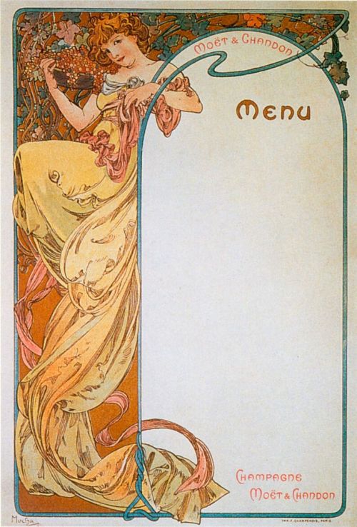 artnouveaustyle:Menu designs by Alphonse Mucha, circa early 1900′s.