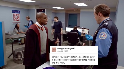 gus angry at the airport security guy for asking about his wand, and he is dressed in gryffindor robes: tumblr post via eulogy-for-myself: some of you haven't gotten a book taken away from you in class because you just couldn't stop reading and it SHOWS