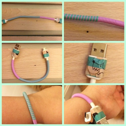 Kawaii DIY: @pajammy was asking me how they did the alternating stripes for the cord-wrapping so I played around with the cord wrappers. I added a magnet (from a NARS paper bag!), washi, and voila, a geeky bracelet! #kawaiidiy #kawaiibuy #geekchic