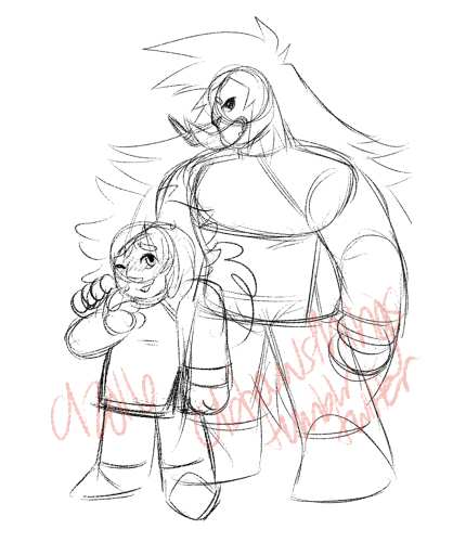   sketch from the page im working on that shows Serendi’s canon size difference (Brun is as big as Jasper for ref)  