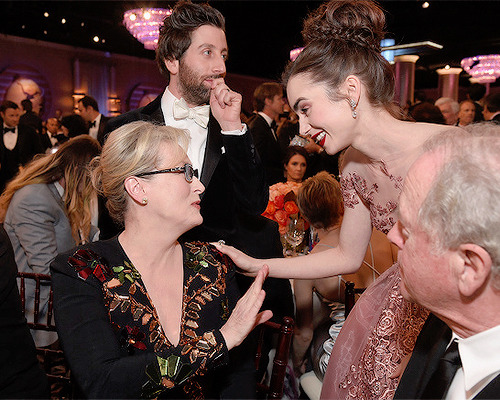 Meryl Streep and Lily Collins attend the 74th Annual Golden Globe Awards at The Beverly Hilton Hotel