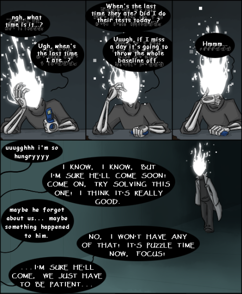 angelia-dark: zarla-s:  [Previous] A strange, awkward dinner for all involved. Gaster’s nightmare is symbolic, as you can probably guess. Dust is a recurring theme for him for various reasons. When you’re tired and hungry and freaked out, you’ve