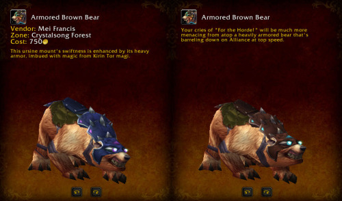 betamourne:  Lore tidbits: talbuks will kick your ass the Kirin Tor magically enhanced the alliance brown bear Black Polar Bear doesn’t appear to be in the game, however it is revered by the Taunka of Northrend rhinos hate gnomes camels what turtles