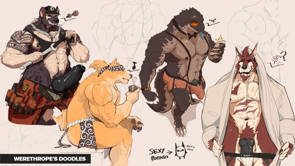 werethropelaporte:  Past-midnight DoodlesLittle personal art and brush-testing :)Featuring;