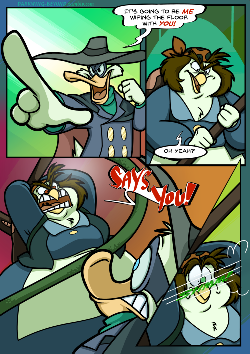 Prologue Page 25.—Snark: Originally Darkwing had a very different line. It was more of a mouth