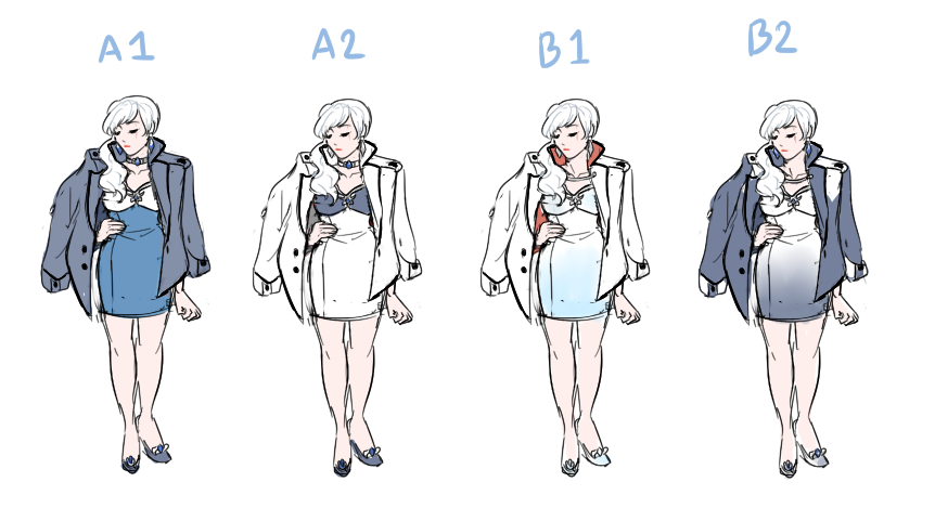 some different color palettes of a new adult!weiss outfit im working onu can leave