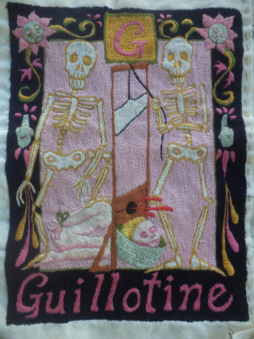 julieschulerart:Executioner’s Alphabet, Hand embroidered tapestry in progress, E-H