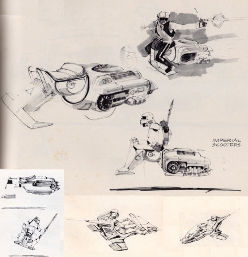 Speeder Bike/Scout Trooper/Scout Walker concept art by Nilo Rodis-Jamero, Joe Johnston, and Ralph Mc