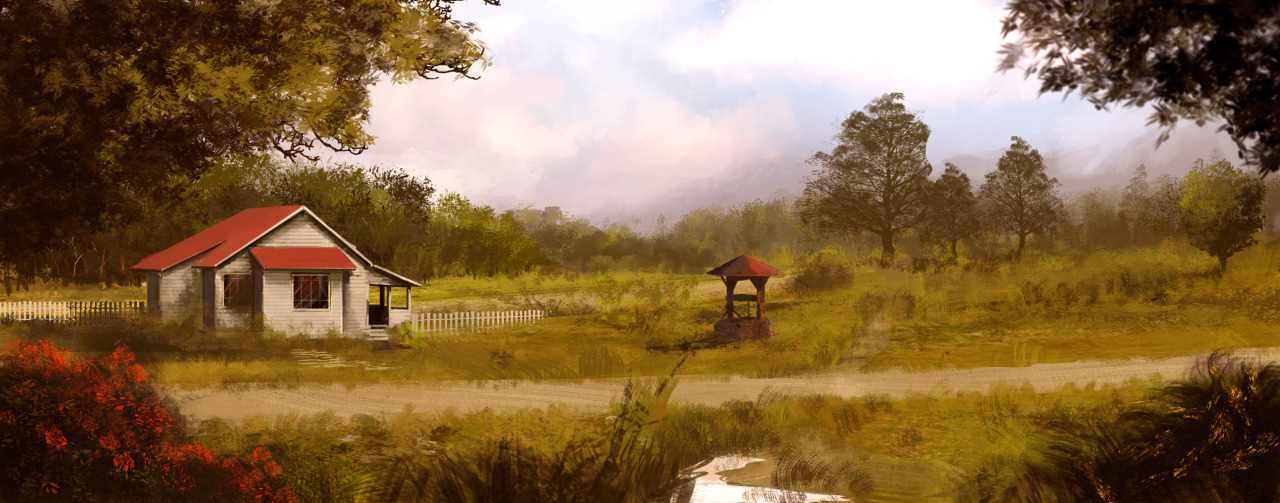 A modified version of the original cottage scene with a middle ground on which the character can walk.