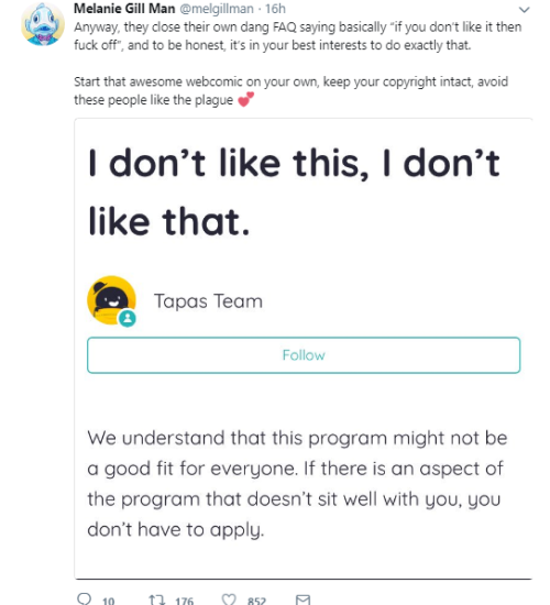 ayellowbirds: Thread by @melgillman​ on Twitter, about dubious recent offers to creators from the webcomics platform Tapas. Transcription follows:    Hey, we all know to avoid Tapas (the webcomic platform, not the delicious finger foods) by now, right?
