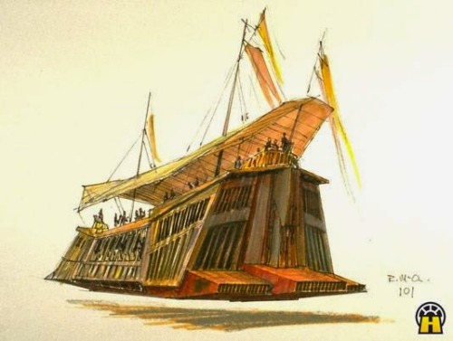 Ralph McQuarrie’s designs for Jabba’s sail barge.I remember the scene well: Return of th