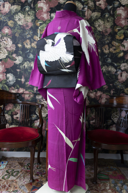 Sagi (heron) themed antique kimono outfit, pairing a refined murasaki shikibu(reddish purple) houmon