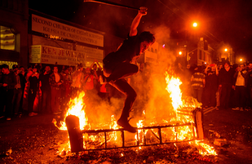 postracialcomments:   San Francisco upheld two baseball traditions Wednesday night: Winning the World Series in even-numbered years, and setting the city on fire in celebration. Spread across the city, but overwhelmingly present in the Mission District,
