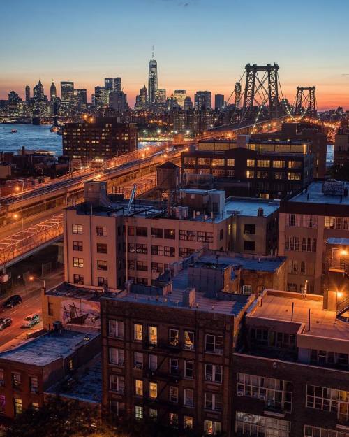 New York at night, as seen from Brooklyn, overlooking the Williamsburg Bridge. : @camilleschaer for 