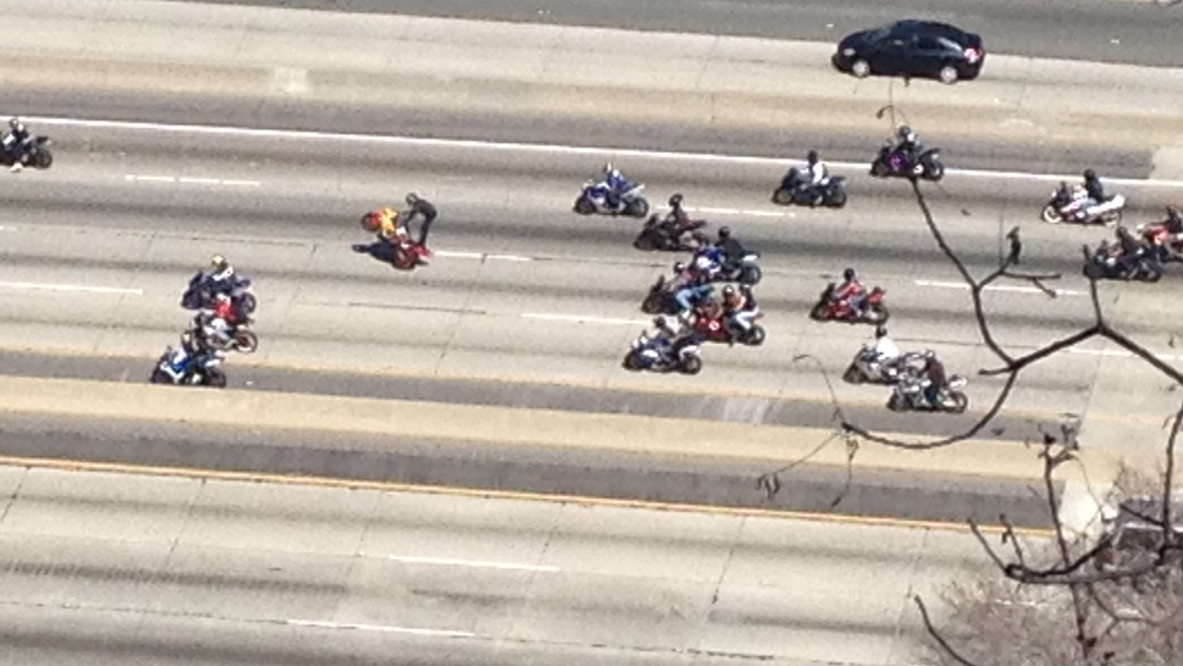 Guy doing a crazy wheelie on the 5 freeway an hour ago.