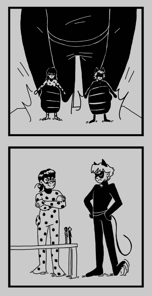 (continuing from the previous panels). the fourth panel shows the figurines as chat slams them down onto a low table. the fifth panel shows chat with his hands on his hips, tapping his foot expectantly, while ladybug just looks at him with an amused expression.