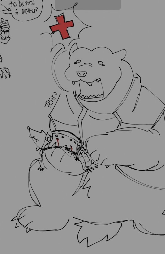 a digital doodle of heavy and medic from team fortress. heavy is a bear with tears in his eyes crouching and holding a dead rat medic. medic is bleeding from two bullet wounds and has "x"s for eyes. heavy's speech bubble has the red cross symbol, shouting for a medic