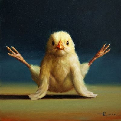 ousia-poetica:I have seen so many strange things that I am not surprised to see a baby chick doing physical and mental exercise. Art by Lucia Heffernan on Etsy.