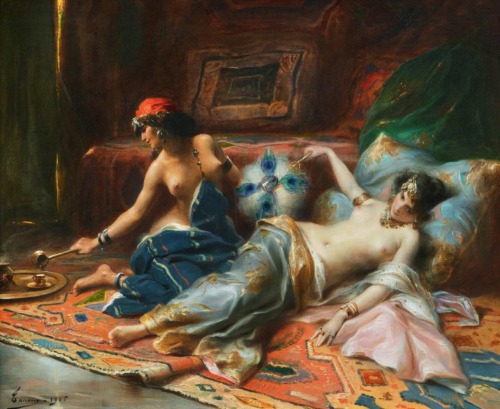 Odalisques.1905.Oil on Canvas.60 x 80 cm. (23.62 x 31.49 in.)Art by Adrien Henri Tanoux.(1865-1923).