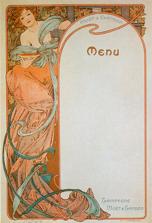 artnouveaustyle:Menu designs by Alphonse Mucha, circa early 1900′s.