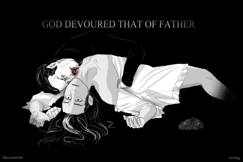 Jonathan lying in shock underneath Dracula, held flush against Dracula's chest with a hand on his back. Jonathan wears a plain white nightgown, and the Emperor moth lies to the side, dead and discarded. His neck and Dracula's open mouth and fangs are bloodied.
Text:
GOD DEVOURED THAT OF FATHER