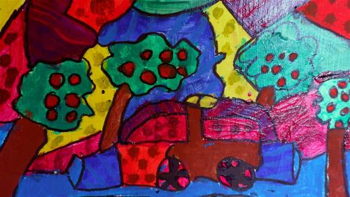 Paintings in the style of Romero Britto.The twist here is that these paintings were completed by a c