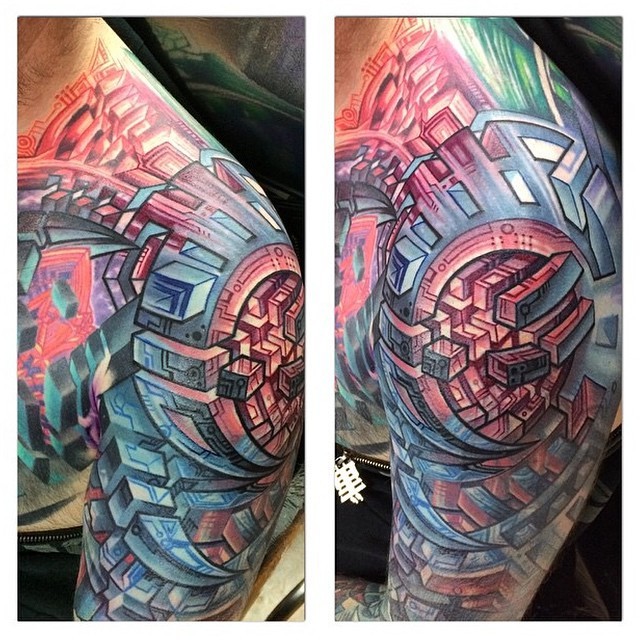 Fantastic 3D Biomechanical Colorful Tattoo By Mike Cole
