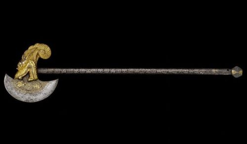 art-of-swords: Ritual Axe Dated: late 19th century Culture: Tibetan Medium: iron, gold, silver, blac