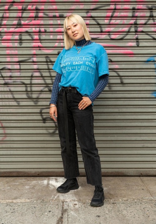 nyc-looks:Caro, 24“I’m wearing a Discwoman shirt, a Monki turtleneck, jeans gifted to me by a friend