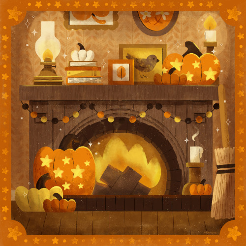 Day 25 BURN + PUMPKIN + JACK-O-LANTERN. Here we are in another cottage. With a fireplace lit along w